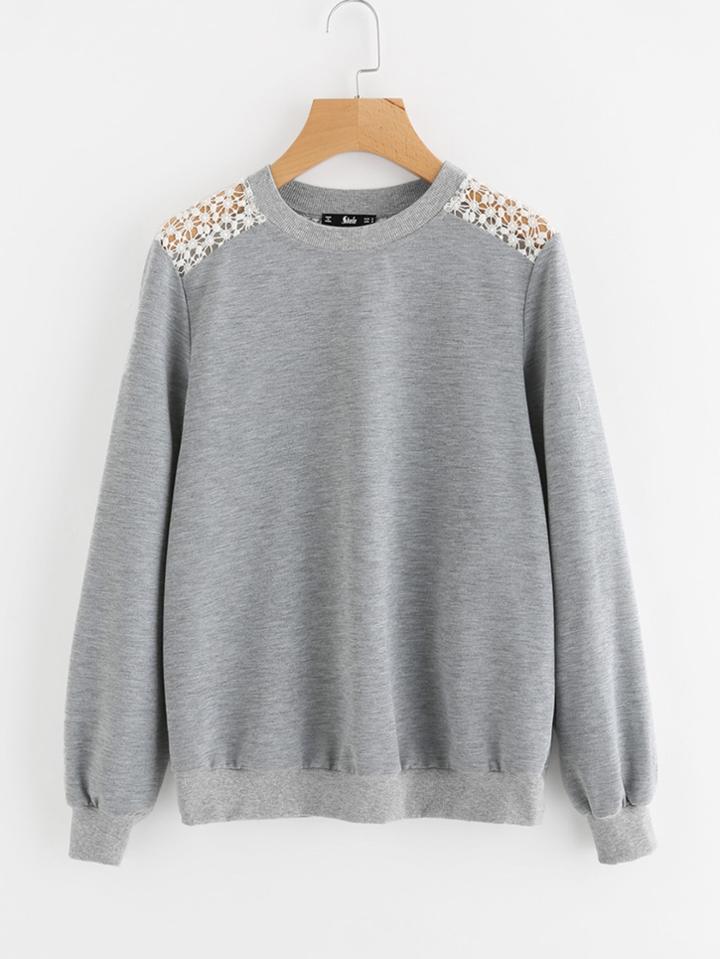 Shein Contrast Dot Crochet Panel Heather Knit Pullover