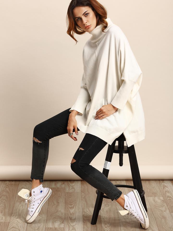 Shein White Turtle Neck Split Side Batwing Sleeve Sweater