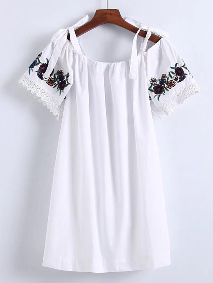Shein Contrast Lace Bow Tie Shoulder Embroidery Dress