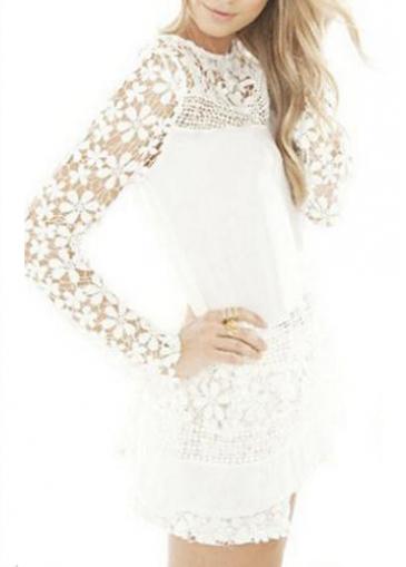 Rosewe Crochet Lace Splicing White Slit Hem Blouse
