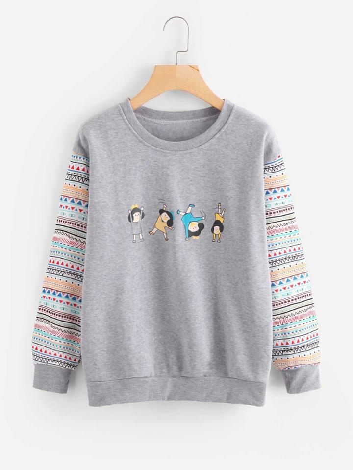 Shein Contrast Geo Sleeve Cartoon Print Marled Pullover