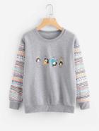 Shein Contrast Geo Sleeve Cartoon Print Marled Pullover