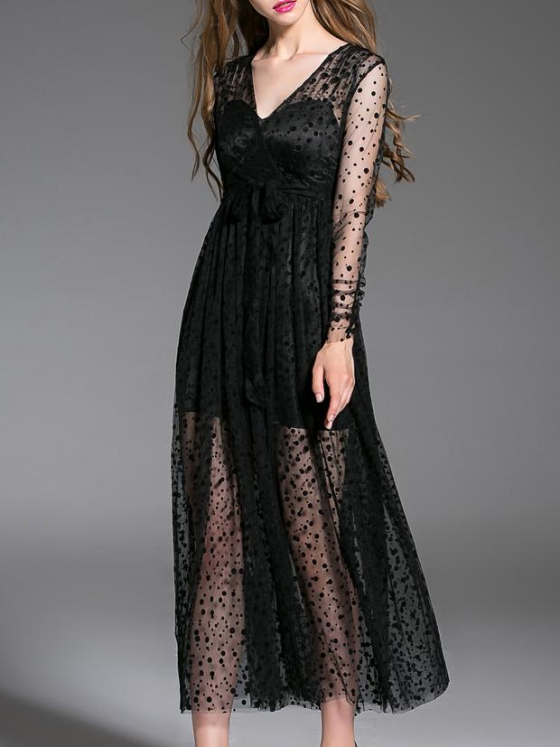 Shein Black V Neck Sheer Tie-waist Dress