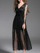 Shein Black V Neck Sheer Tie-waist Dress