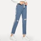 Shein Striped Side Ripped Drawstring Jeans