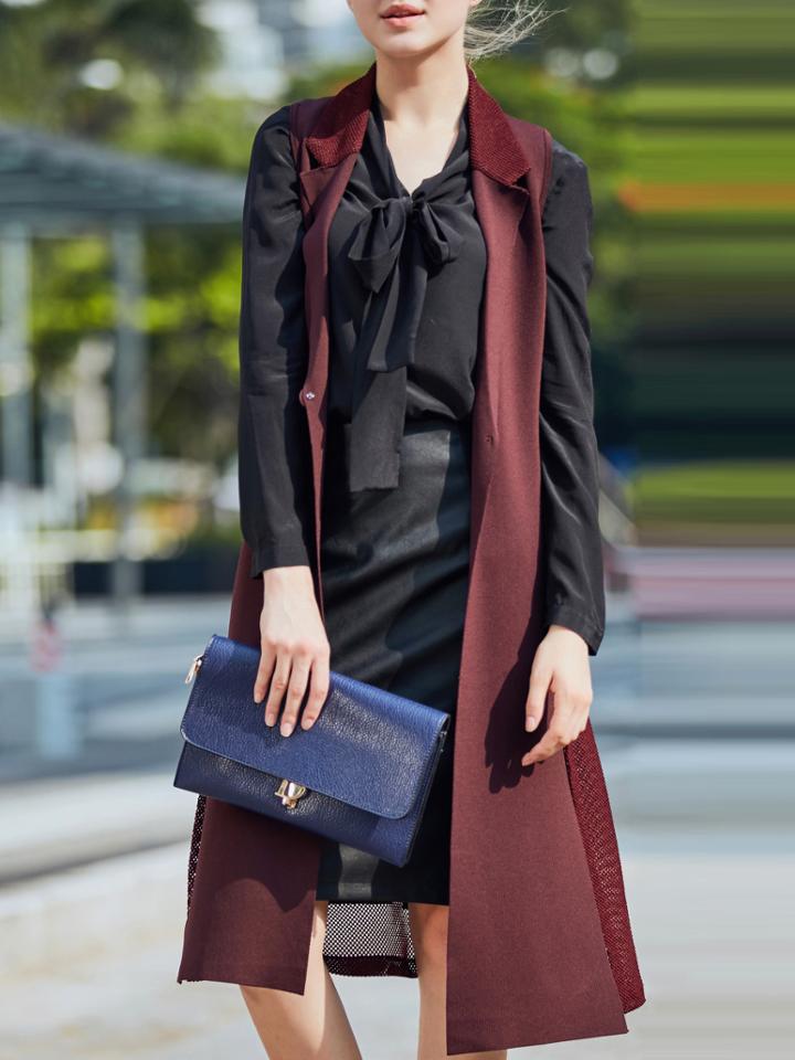 Shein Brown Lapel Tie-waist Mesh Sheer Vest