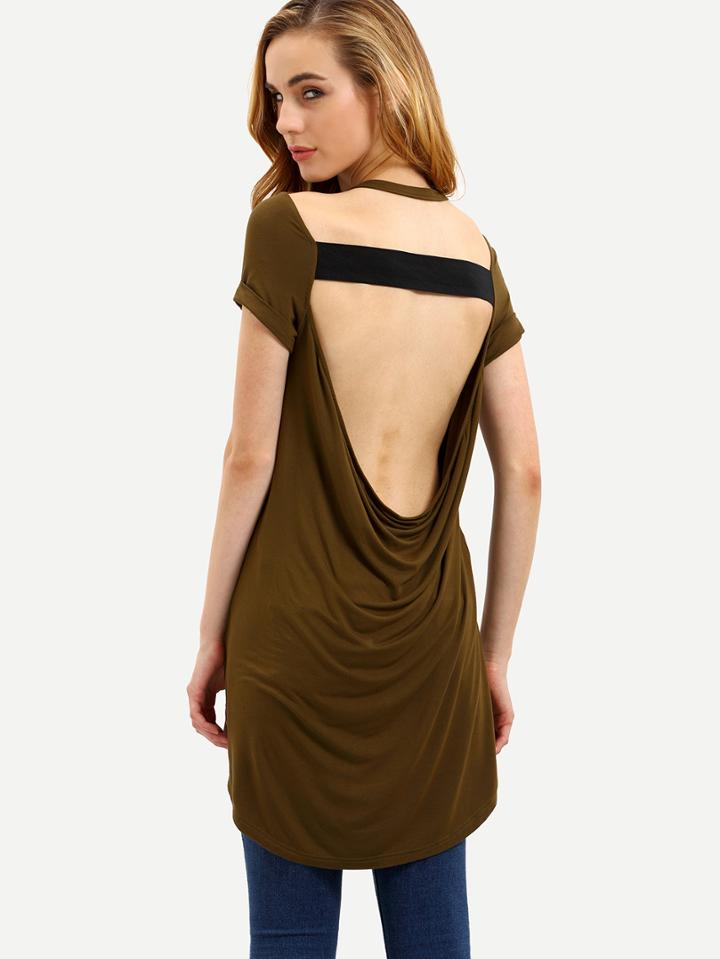 Shein Army Green Short Sleeve U Back T-shirt