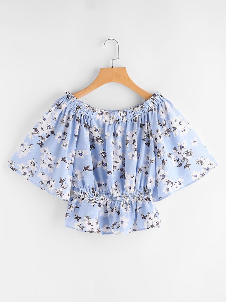Shein Calico Print Kimono Sleeve Top With Shirring