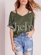 Shein Army Green Short Sleeve Cold Strap Neck T-shirt