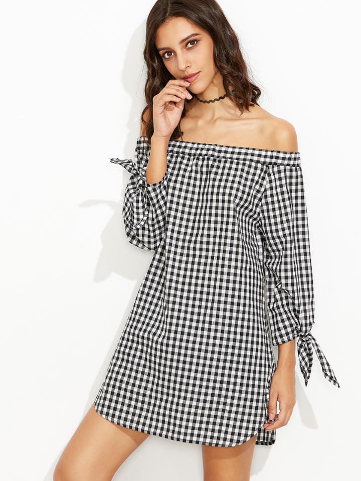 Shein Black Plaid Off The Shoulder Tie Sleeve Dress