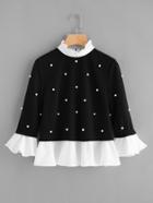 Shein Contrast Frill Trim Pearl Embellished Top
