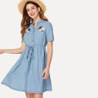 Shein Floral Embroidered Tie Waist Denim Dress