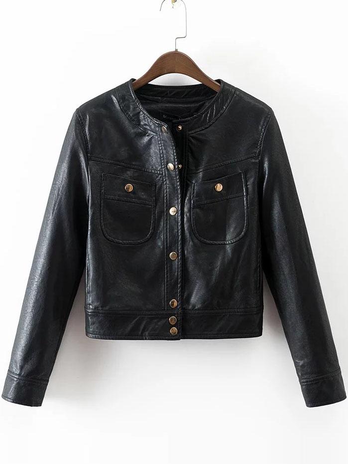 Shein Black Button Up Pu Jacket With Pockets