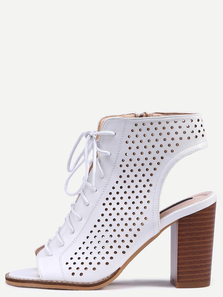 Shein White Peep Toe Cutout Lace-up Chunky Pumps