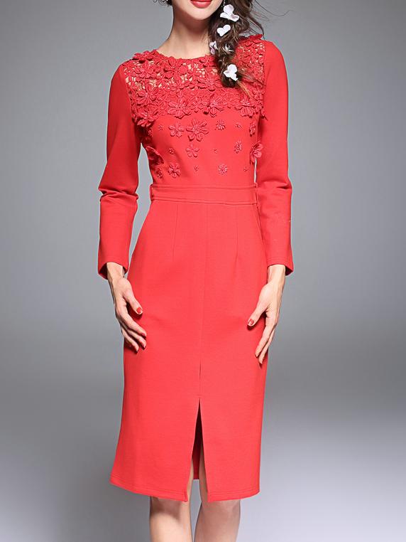 Shein Red Flowers Applique Belted Split Dress