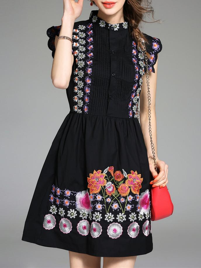Shein Black Pleated Embroidered A-line Dress