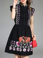 Shein Black Pleated Embroidered A-line Dress