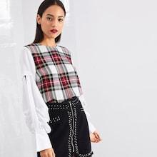 Shein Plaid Panel Split Sleeve Blouse