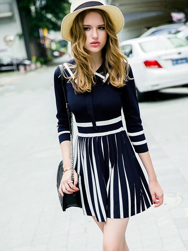 Shein Blue Navy Collar Striped Pleated Dress