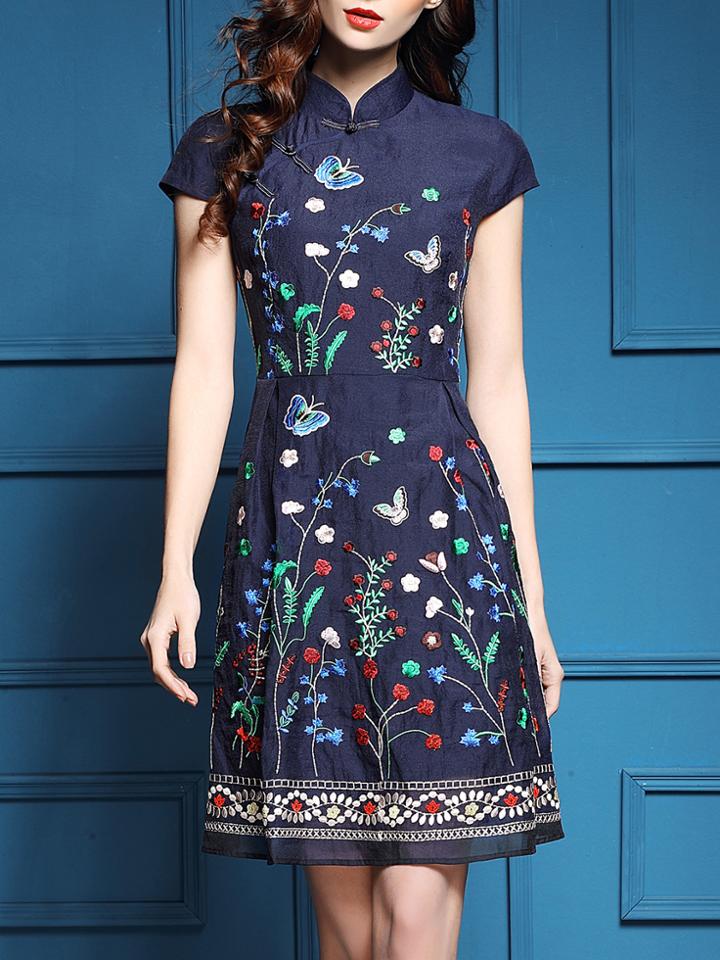 Shein Blue Collar Flowers Embroidered Dress