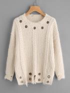 Shein Eyelet Detail Cable Knit Distressed Jumper