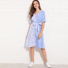 Shein Vertical-striped Self Tie Dress