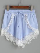 Shein Blue Contrast Lace Trim Elastic Waist Loose Shorts