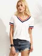 Shein White Striped Trim V Neck Short Sleeve T-shirt