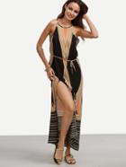 Shein Geo Print Tie Waist Slit Thigh Dress