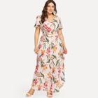 Shein Plus Flutter Sleeve Botanical Wrap Top With Overlap Skirt Set