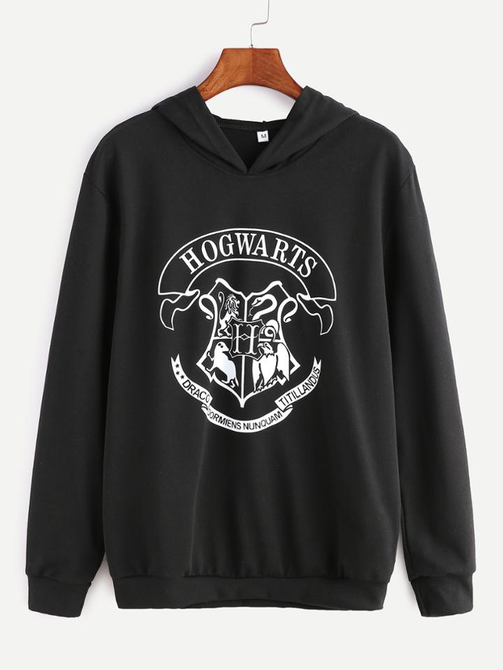 Shein Black Hooded Printed Long Sleeve Sweatshirt