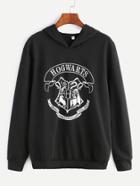 Shein Black Hooded Printed Long Sleeve Sweatshirt