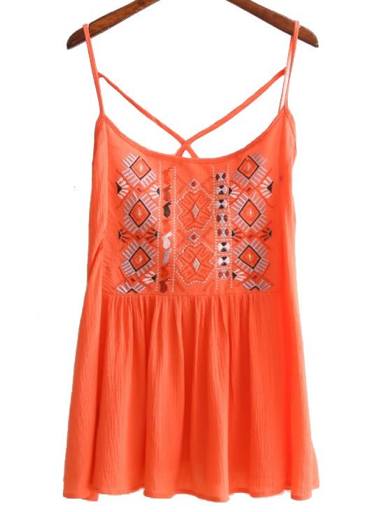 Shein Orange Spaghetti Strap Embroidery Criss Cross Top
