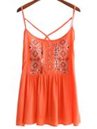 Shein Orange Spaghetti Strap Embroidery Criss Cross Top