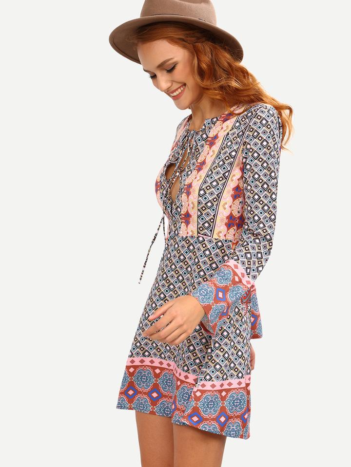Shein Lace-up Front Multicolor Geometric Print Boho Dress