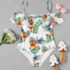 Shein Plus Tropical Print Flounce Swimsuit