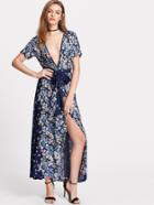 Shein Floral Print Plunging Belted M-slit Dress