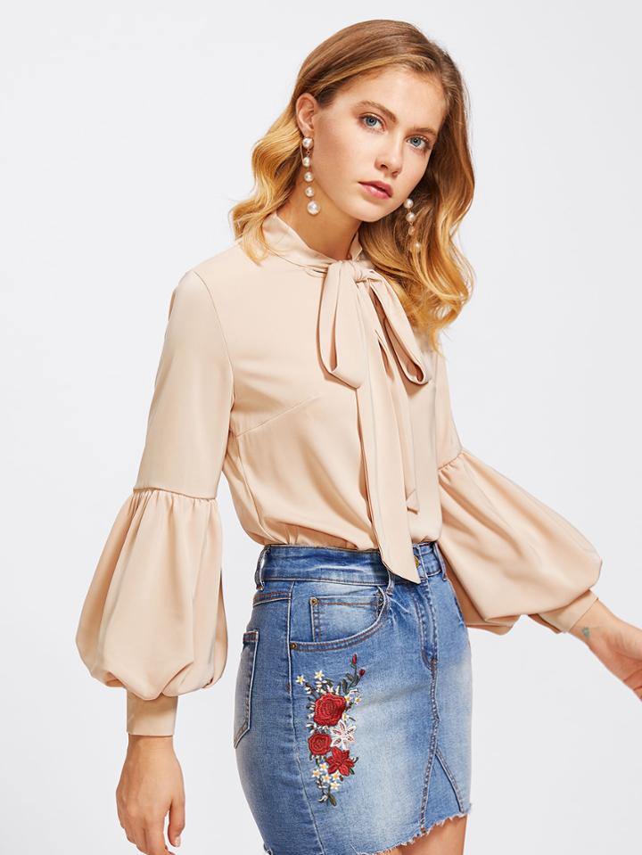 Shein Lantern Sleeve Self Tie Neck Blouse
