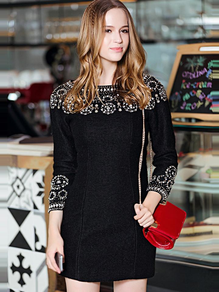 Shein Black Round Neck Long Sleeve Beading Dress