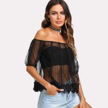 Shein Lace Detail See Through Bardot Top