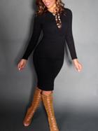 Shein Black Long Sleeve Lace Up Rib Dress