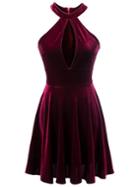 Shein Burgundy Halter Zipper Back Pleated Velvet Dress