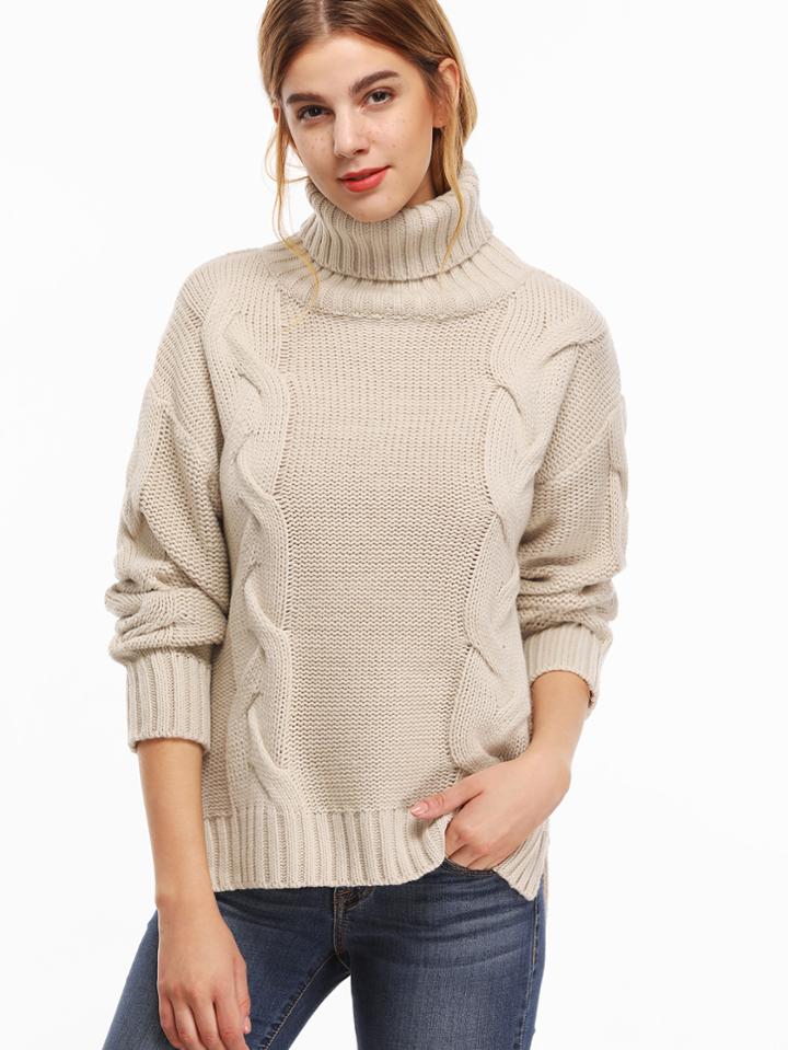 Shein Turtleneck Slit Side High Low Cable Knit Sweater