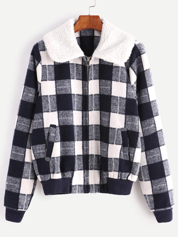 Shein Checkered Faux Shearling Collar Jacket