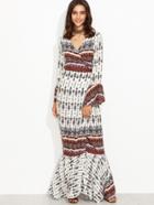 Shein Tribal Print Wrap V Neck Bell Sleeve Mermaid Dress