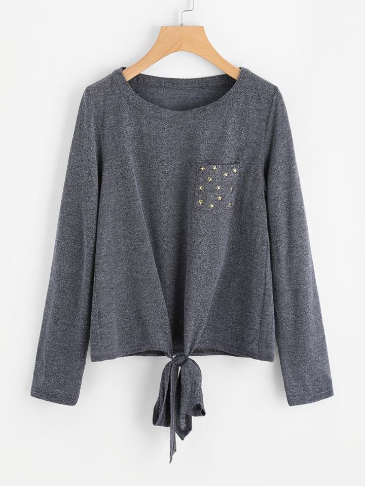 Shein Star Print Pocket Knot Front T-shirt