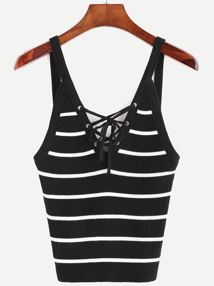 Shein Black Striped Eyelet Lace Up Sweater Vest