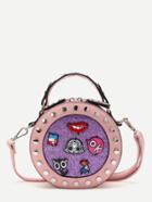 Shein Pink Studded Trim Patch Detail Round Crossbody Bag