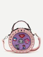 Shein Pink Studded Trim Patch Detail Round Crossbody Bag