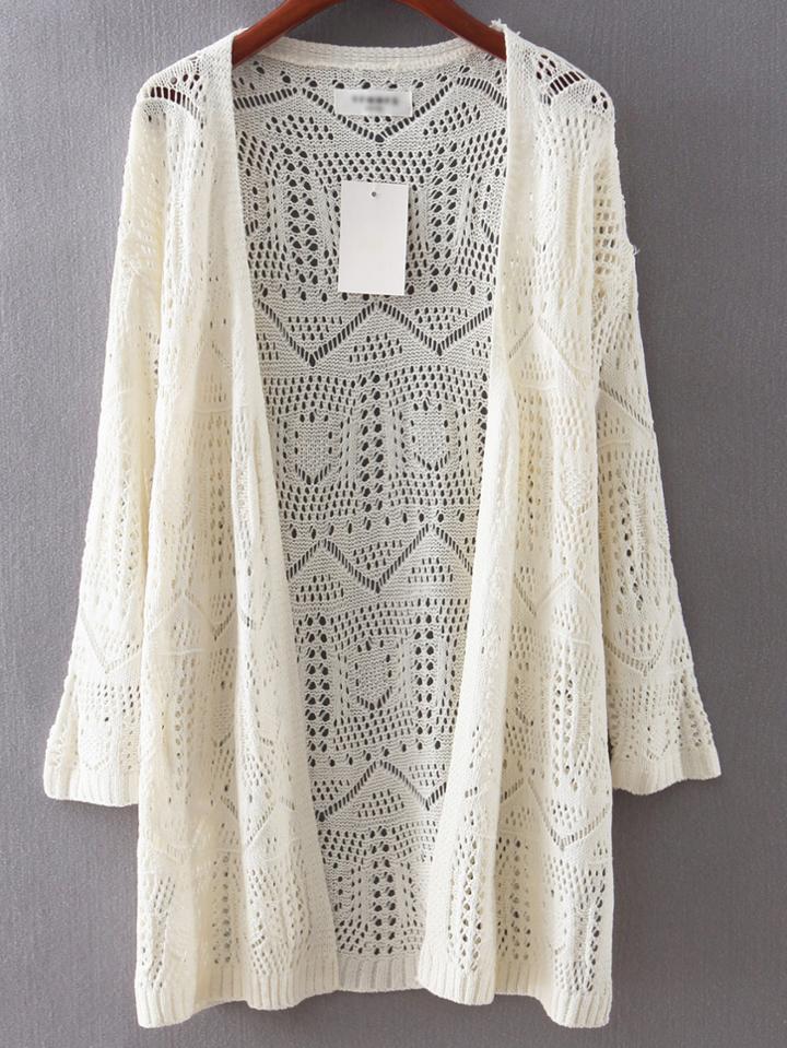 Shein Beige Hollow Plain Long Cardigan